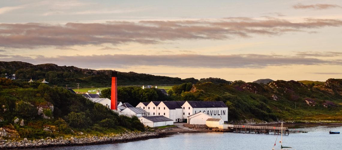 ISLAY, UNITED KINGDOM - 25 August 2013: Lagavulin distillery factory and harbor, Islay, United Kingdom
